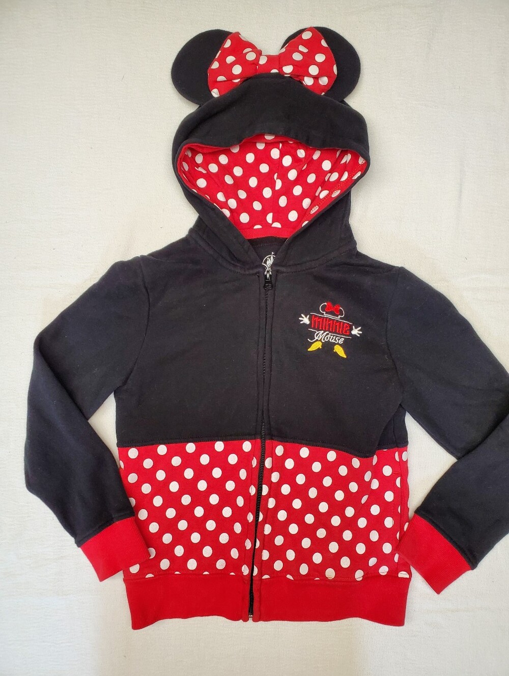 Disney Parks Minnie Mouse Hoodie Girls M 3D Ears Bow Polka Dot Zip Sweatshirt